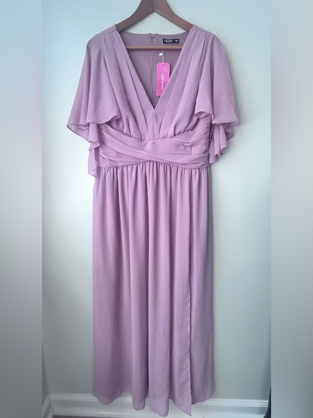 SHEIN Soft Pink Flutter Sleeve V-Neck Maxi Dress